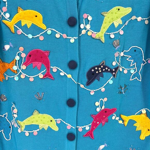 Quacker Factory Embellished Sequin Dolphin Sea Theme Cardigan Sweater Size M - Picture 2 of 7